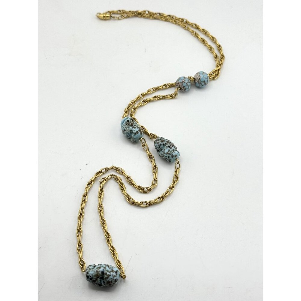 Vintage blue art glass beaded chain necklace